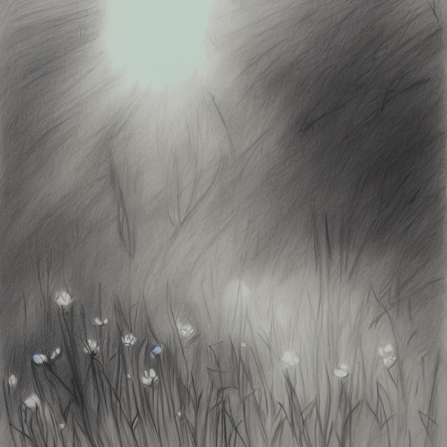 Dimly Lit Forest Scene with Sunbeams and Wildflowers