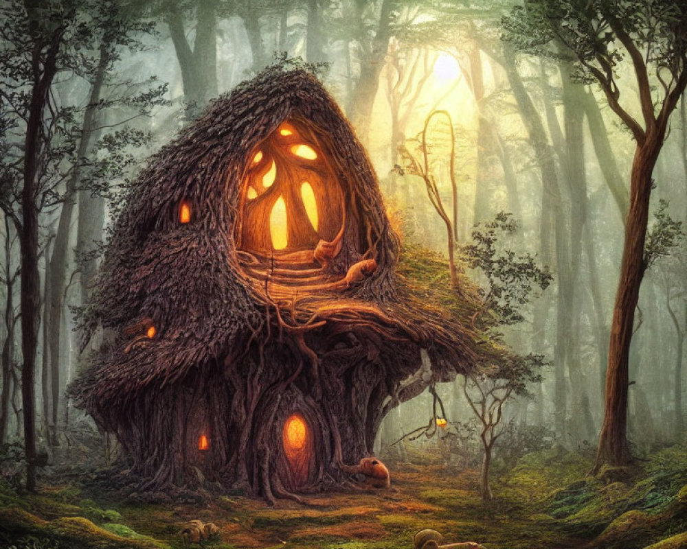 Enchanting forest scene with whimsical treehouse, glowing lanterns, and wandering creature