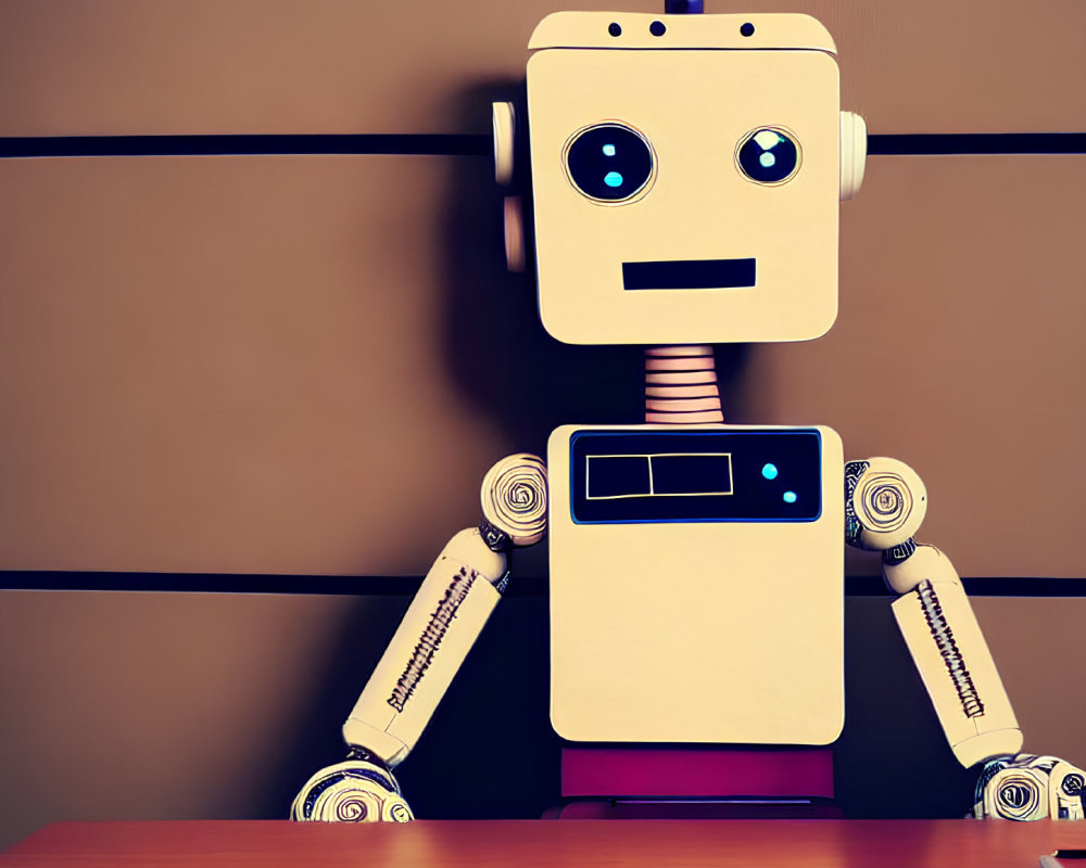 White Robot with Square Head Sitting at Wooden Desk Against Striped Wall