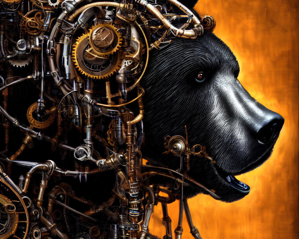 Steampunk Bear with Mechanical Details on Orange Background