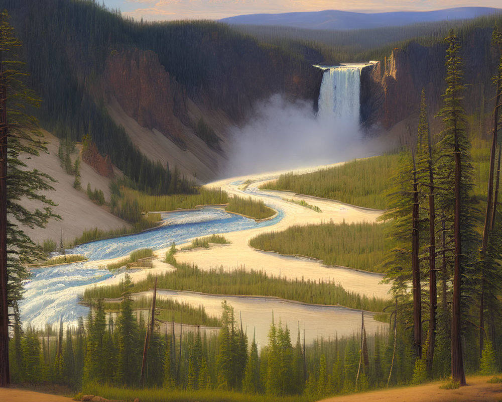 Tranquil landscape: waterfall, river, pine forest, soft sky