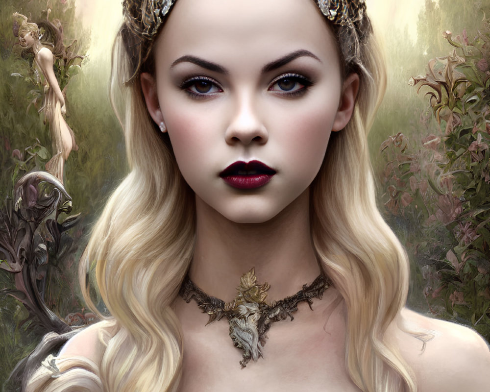 Fantasy character with blue eyes, thorny crown, detailed necklace in mystical forest