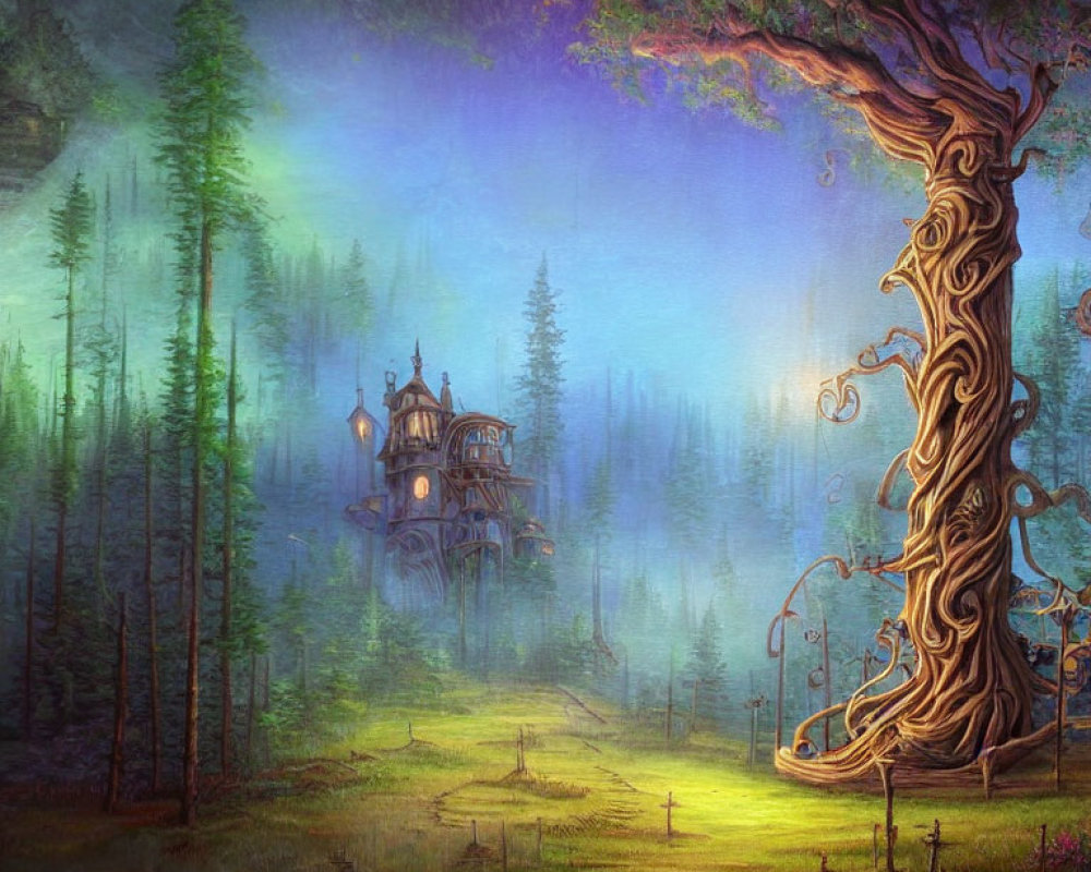 Enchanted forest with mystical tree, foggy surroundings, and ethereal house.