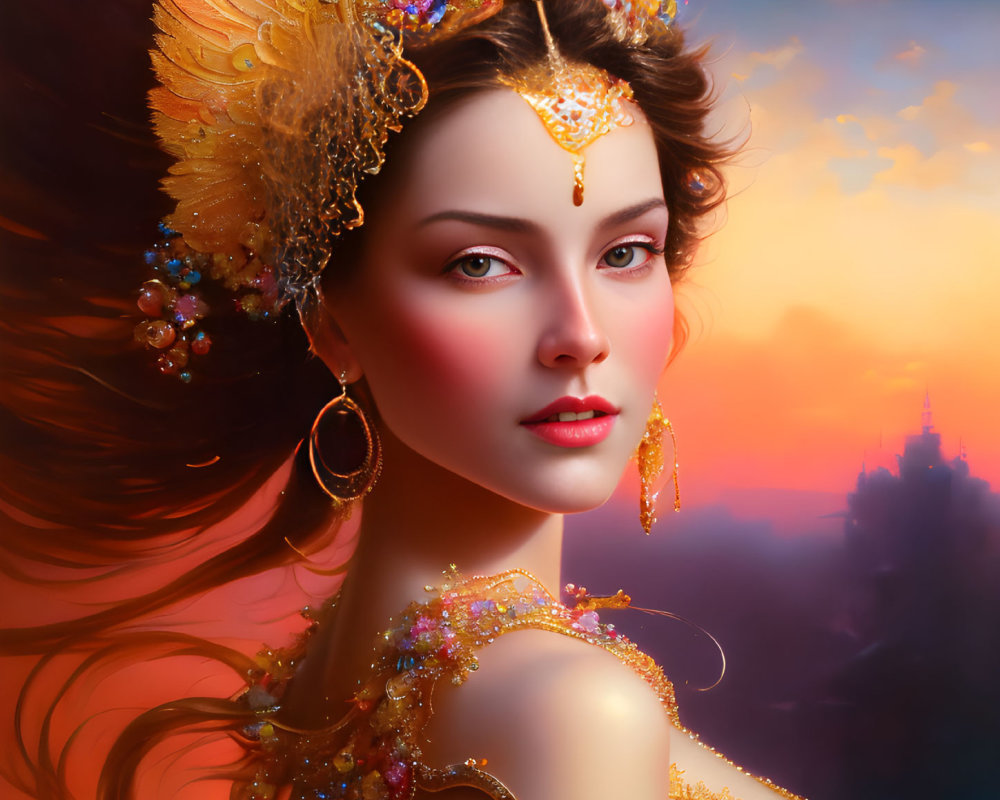 Woman portrait with gold jewelry, sunset backdrop, and gemstone hair adornments