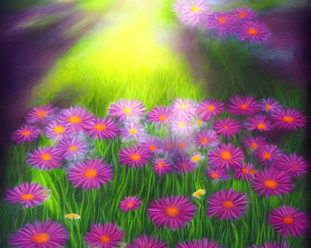 Vibrant pink and purple wildflower field in sunlight