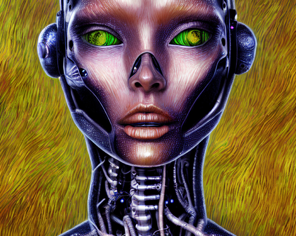 Detailed humanoid robot with green eyes and hybrid design