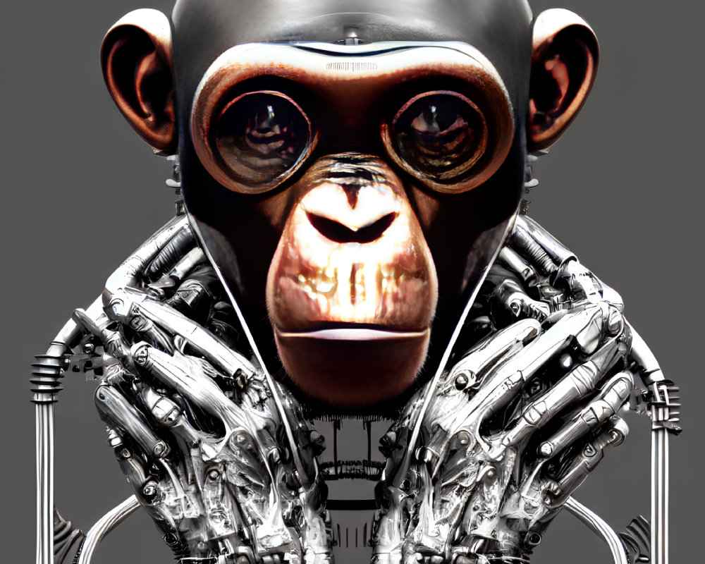 Digital artwork: Chimpanzee with cybernetic body and mechanical limbs on grey background