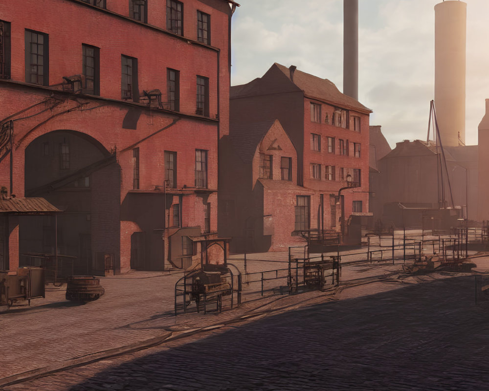 Brick buildings and smokestack at sunset in old industrial area