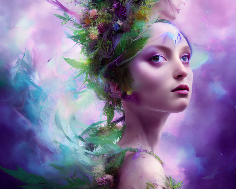 Surreal portrait of woman with floral and feather motifs on vibrant backdrop