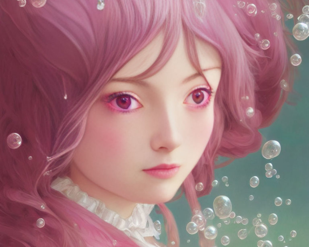 Pink-haired girl surrounded by bubbles on soft green background