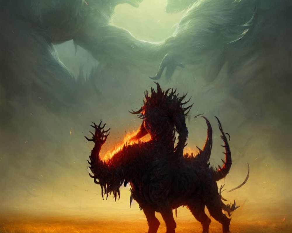 Fiery Beast in Field with Dragon-Shaped Clouds