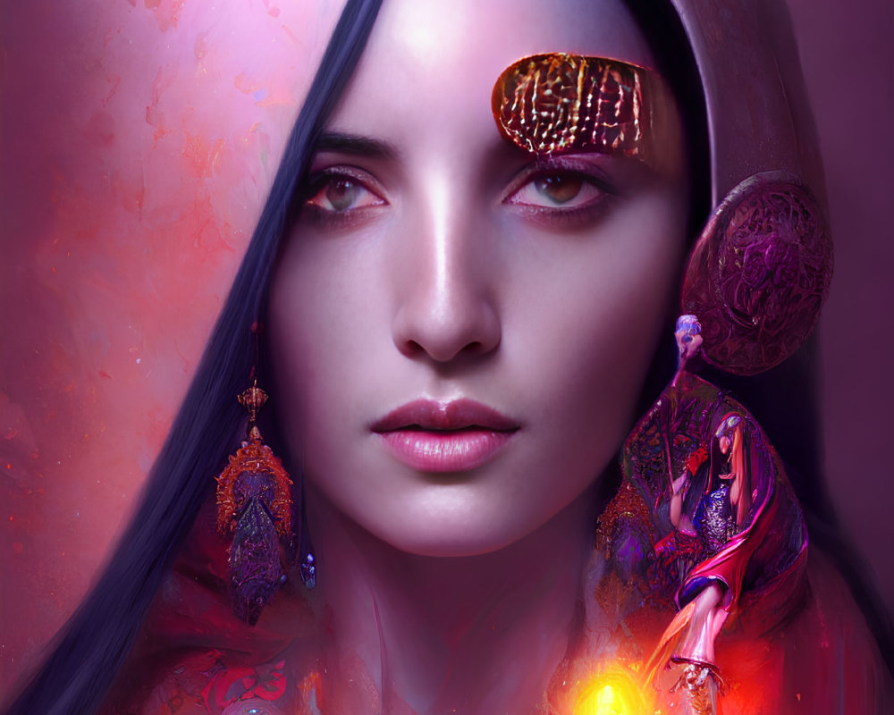 Vivid surreal portrait of a woman with purple tones and abstract elements