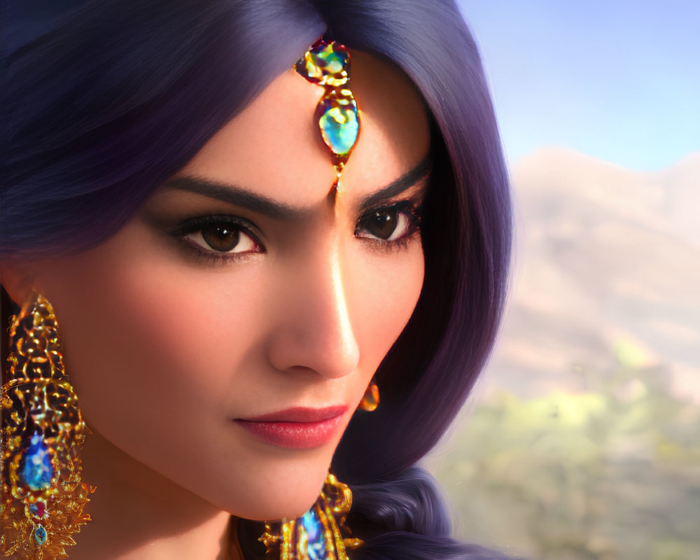 Woman with Purple Hair and Golden Jewelry in Mountainous Setting