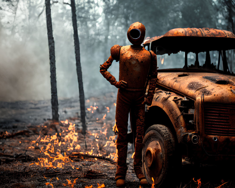 Weathered astronaut suit beside abandoned truck in forest with flames and smoke