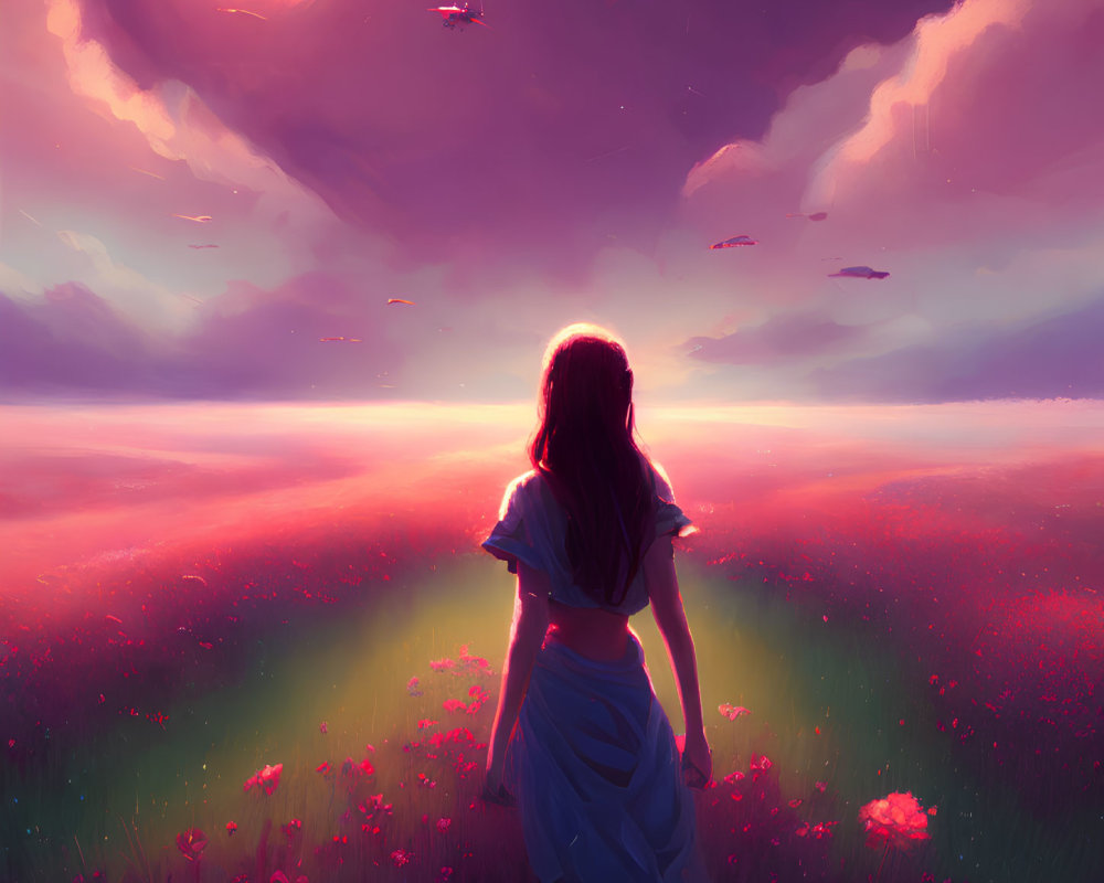 Person in flower field at sunset with pink and purple skies