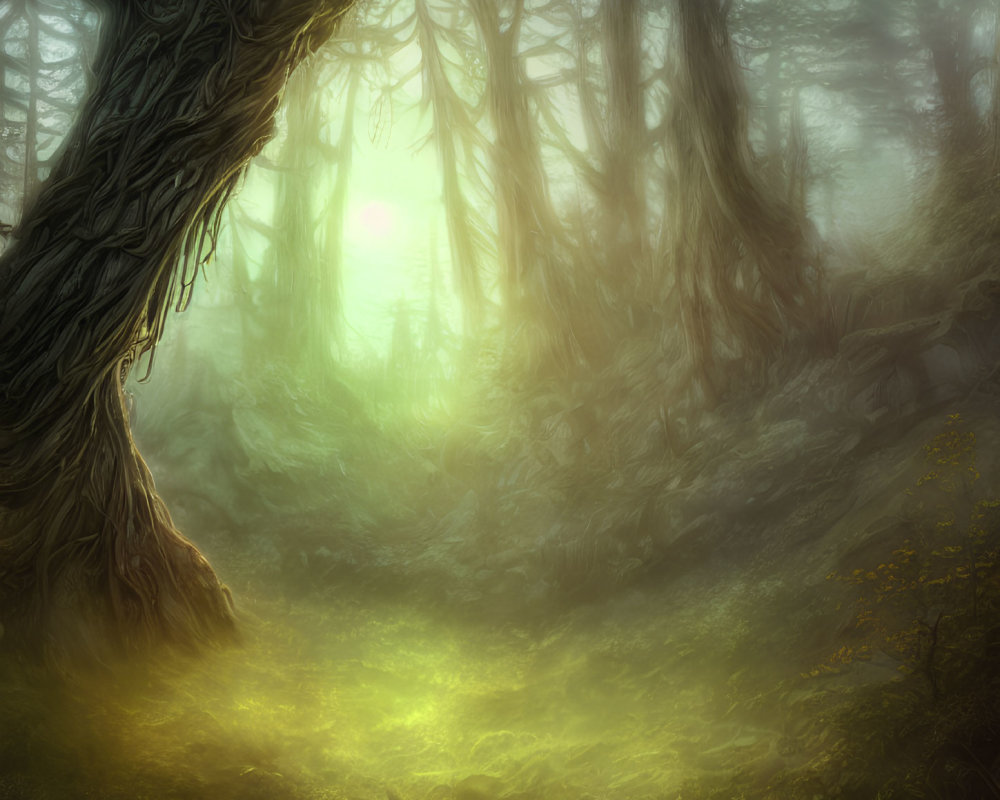 Mystical forest with twisted trees and green glow