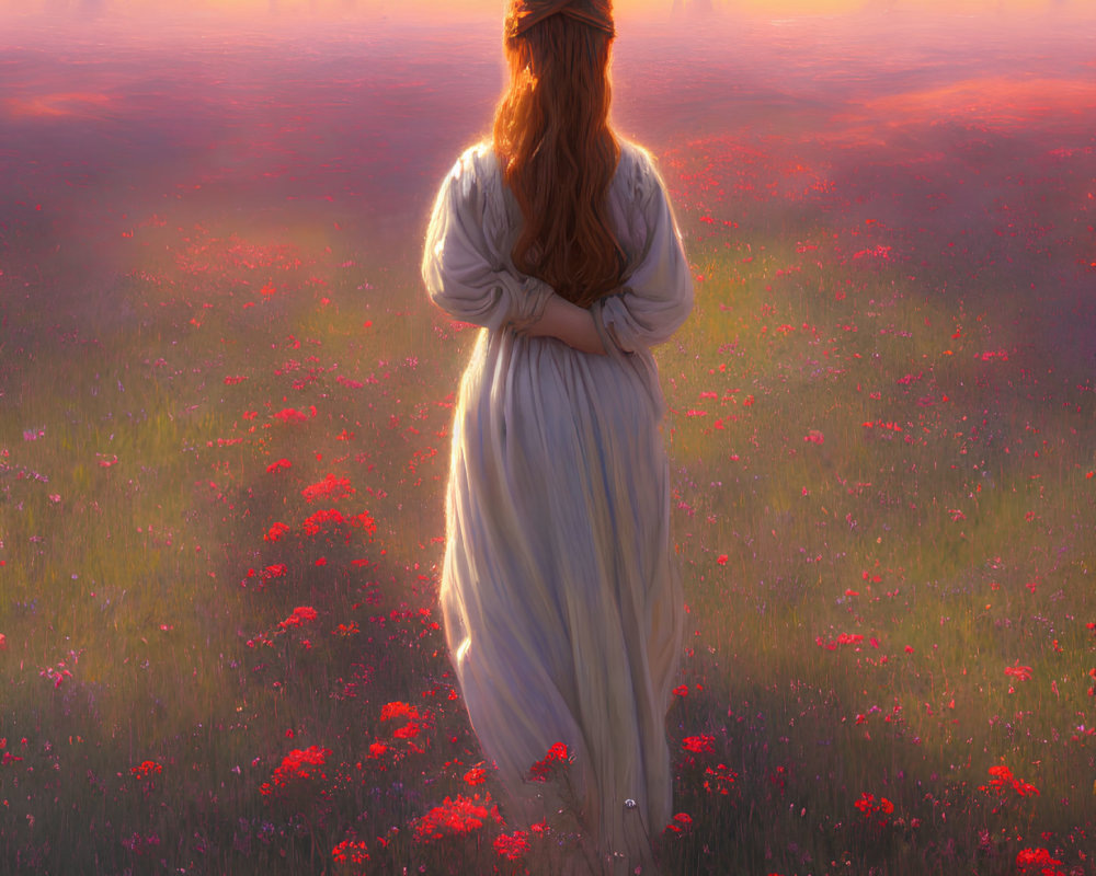 Woman with long hair in blooming field at sunset surrounded by red flowers and golden light