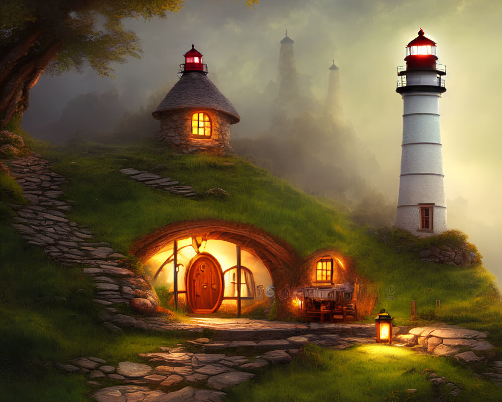 Hillside stone cottage with round door and illuminated lighthouse at dusk