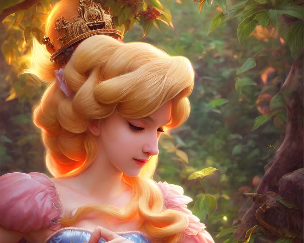 Golden-haired princess with crown holding bird in sunlit forest.