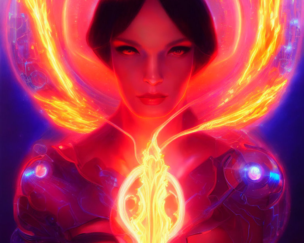 Illustration of woman with glowing red skin and fiery halo.