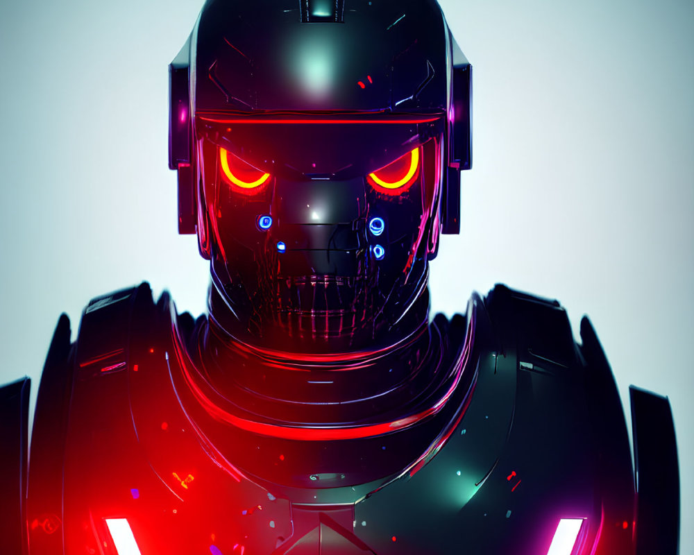 Menacing robot with dark helmet and glowing red eyes on blurred background