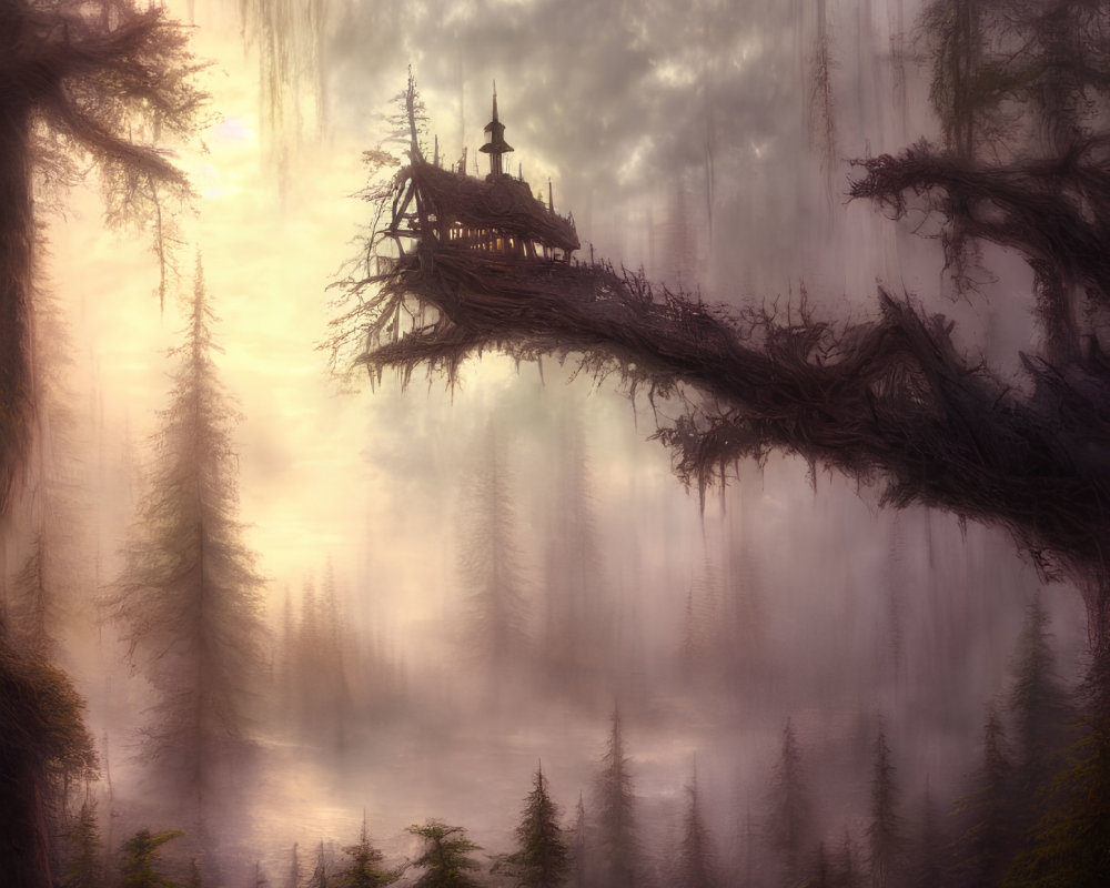 Misty forest with fantastical tree branch house in dreamlike setting