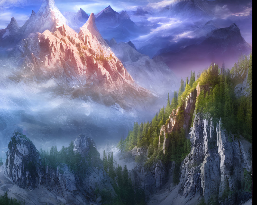 Ethereal landscape of sunlit snow-capped peaks and misty valleys