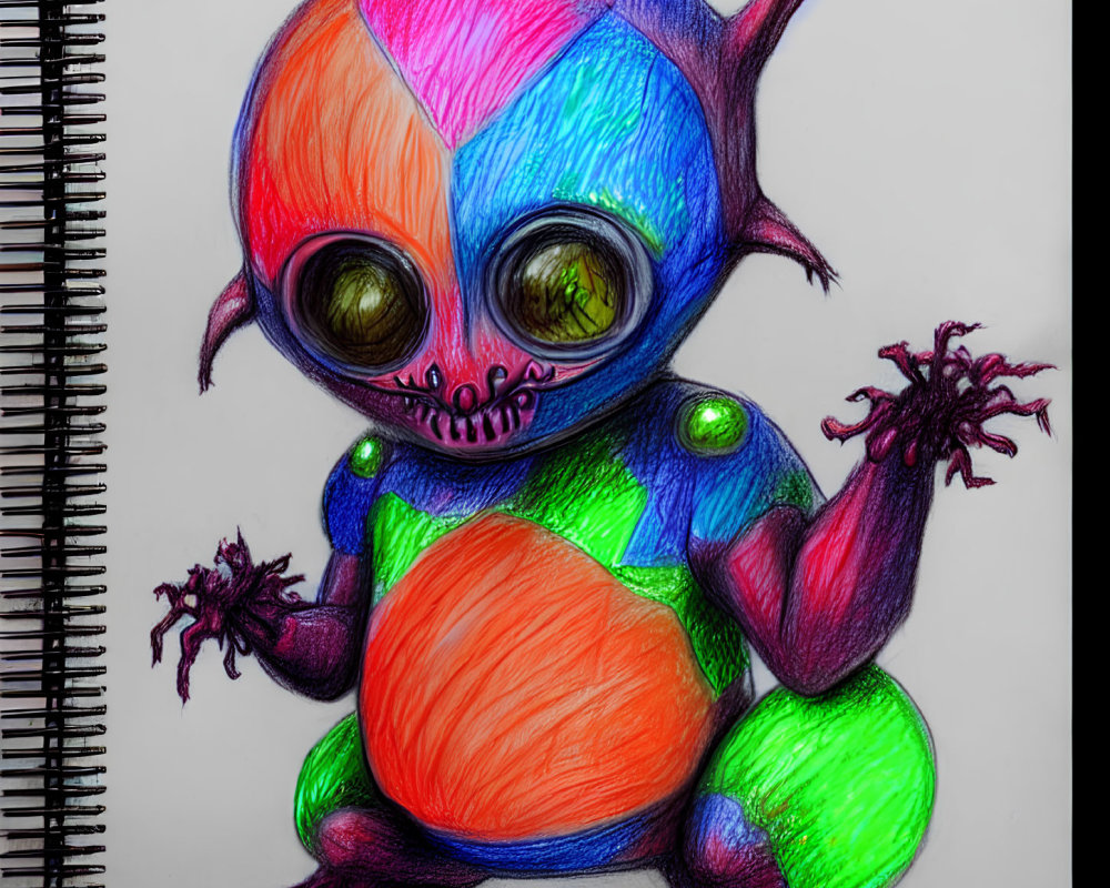 Vibrant alien creature with big eyes and tentacle-like fingers next to spiral notebook