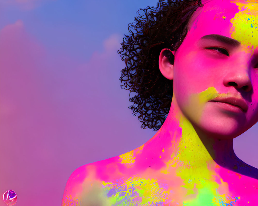 Vibrant neon paint splattered portrait against pink sky