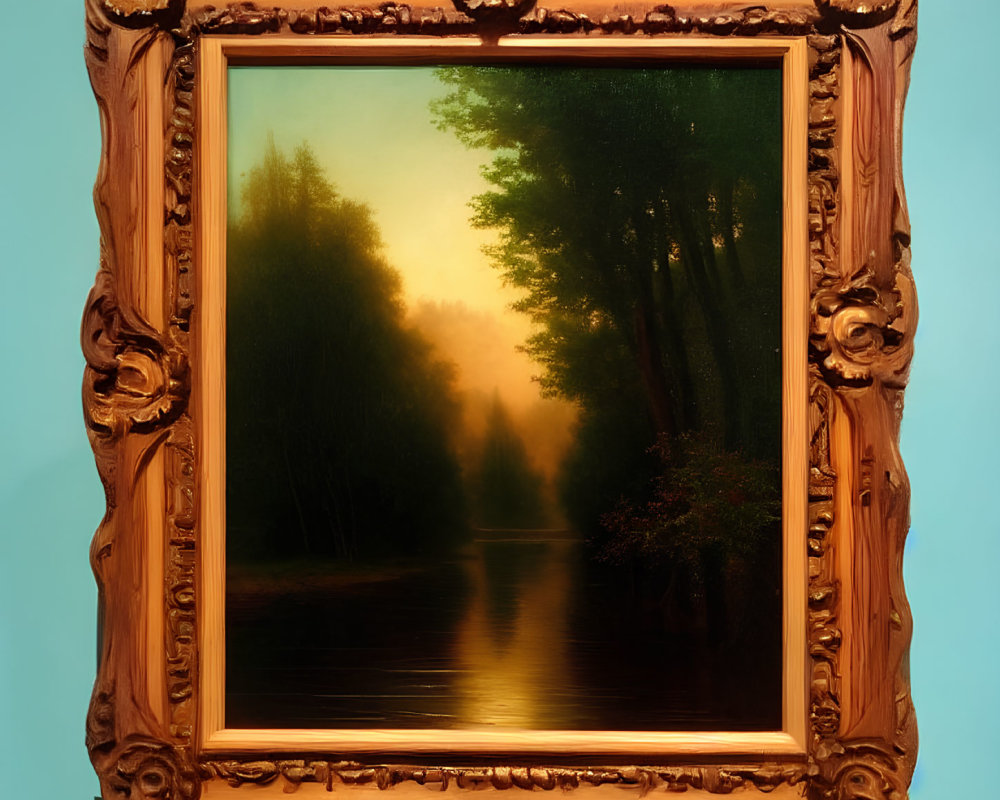 Tranquil river landscape painting with trees and hazy sky