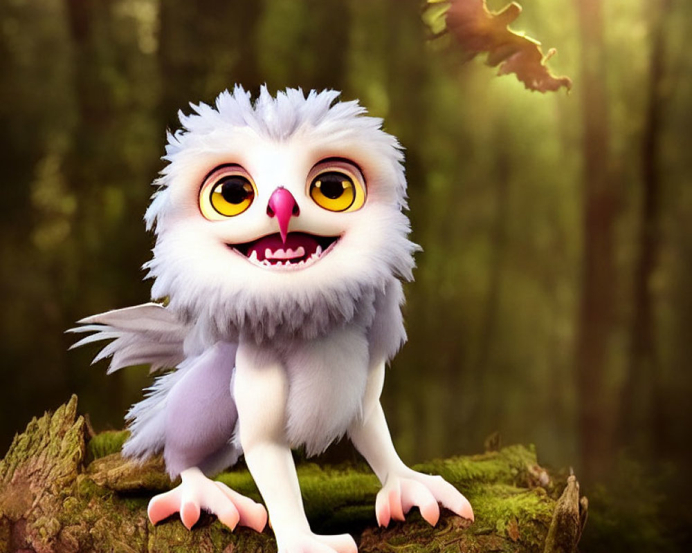 Fluffy white creature with yellow eyes and gray wings in forest scene.