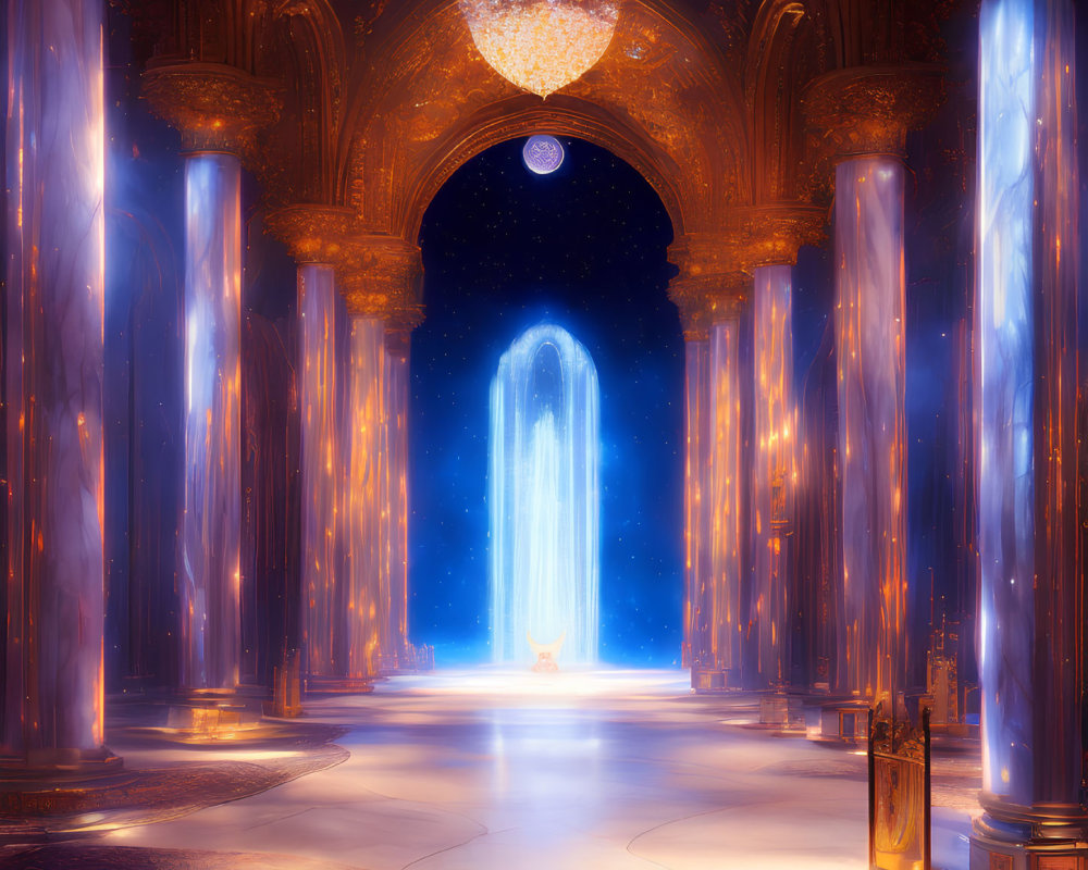 Fantasy palace interior with blue pillars, golden arches, chandelier, and mysterious portal