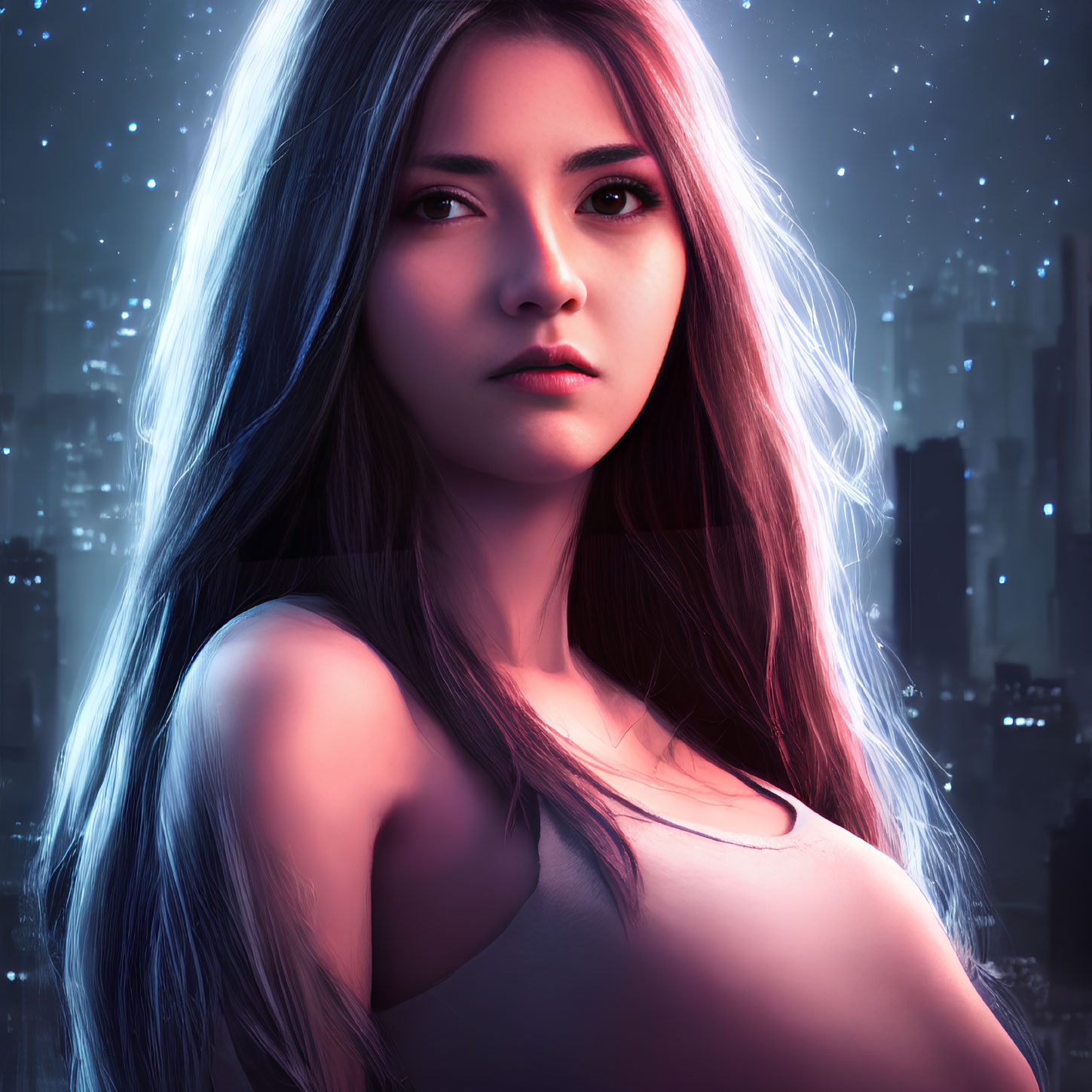 Digital art portrait of woman with glowing white hair in futuristic cityscape at night