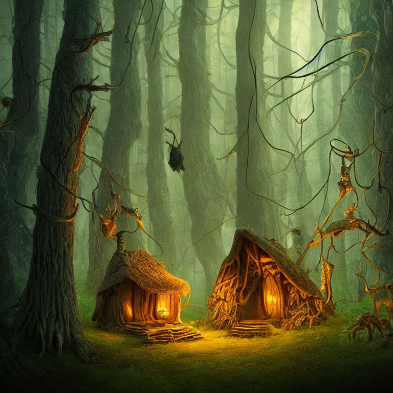 Enchanting forest scene with two whimsical thatched huts among misty towering trees