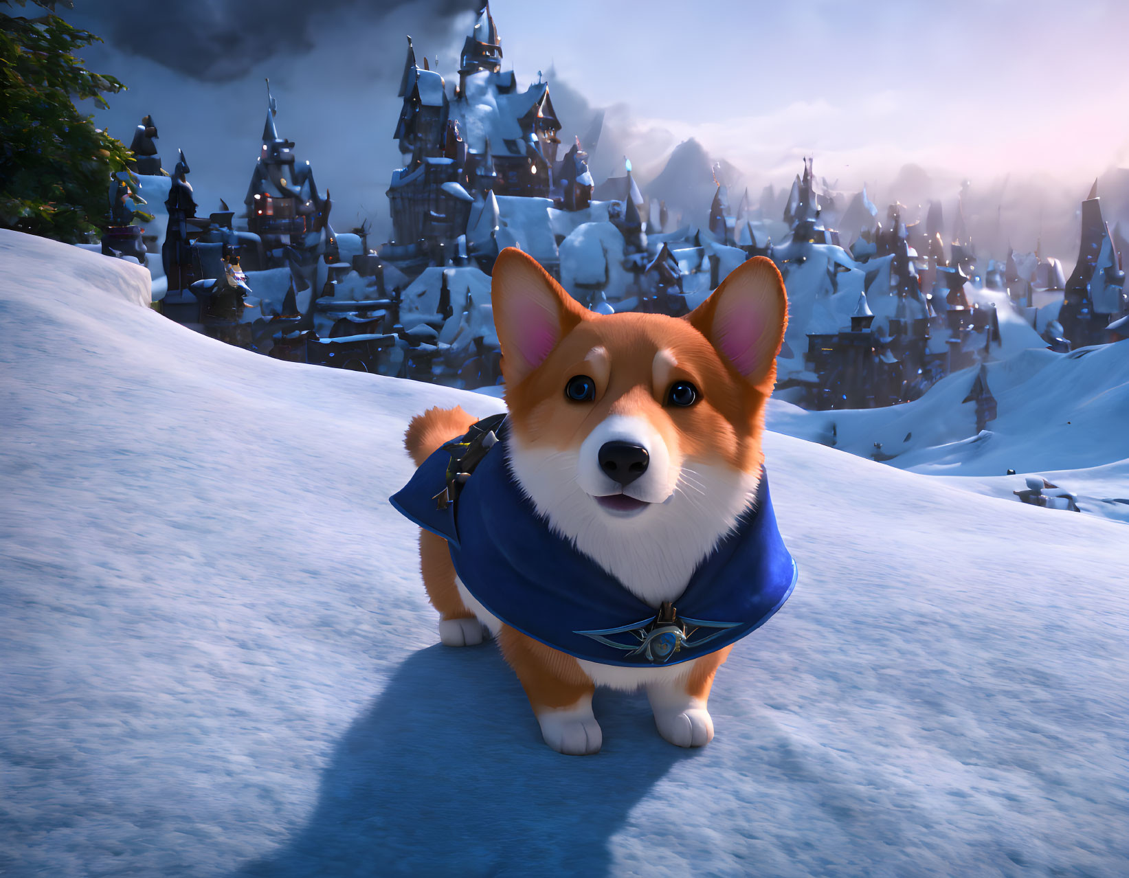 Welsh Corgi in Blue Cloak with Snowy Medieval Village at Dusk