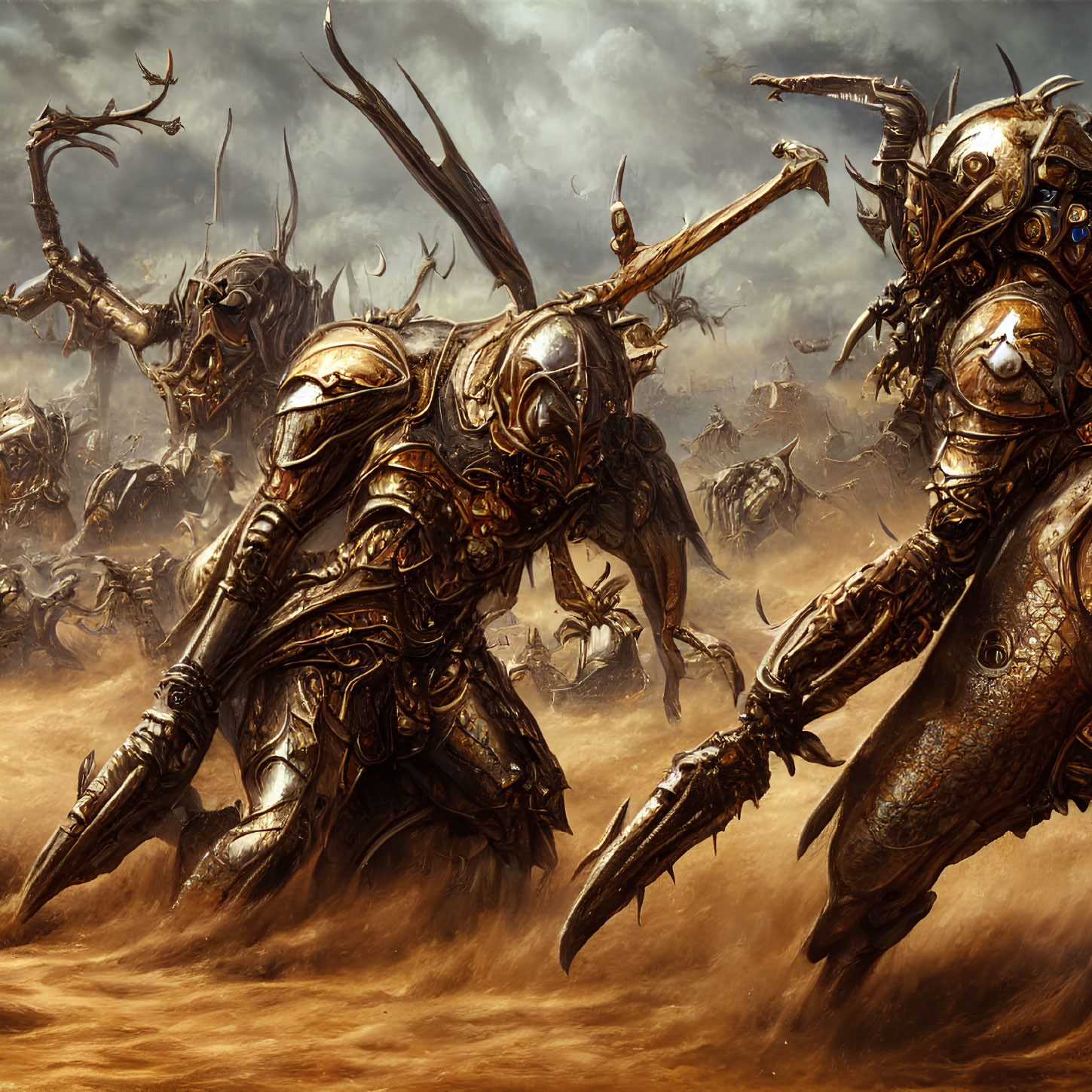 Armored warriors clash with arthropod enemies under tumultuous sky