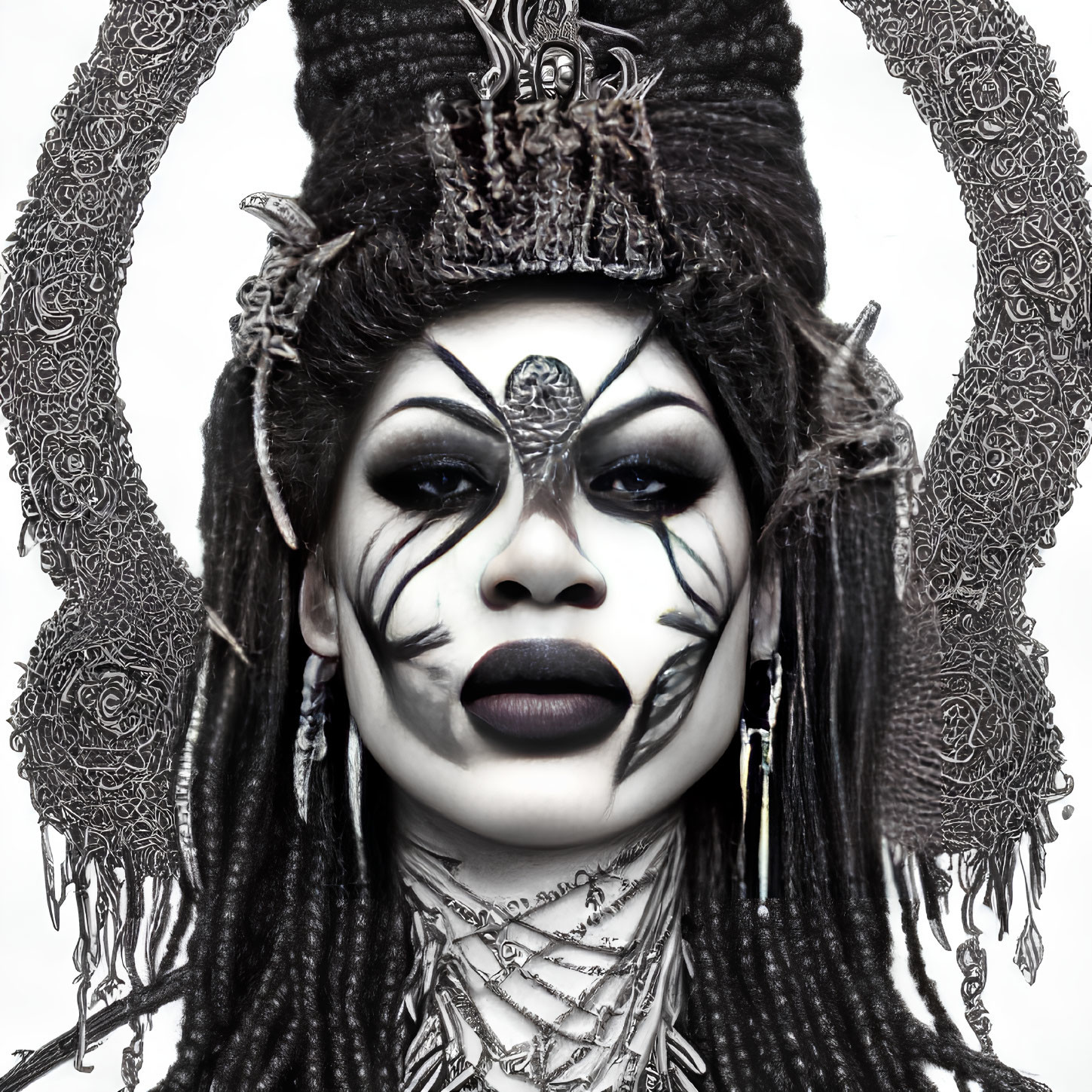 Elaborate Black and White Theatrical Makeup with Intricate Headpiece