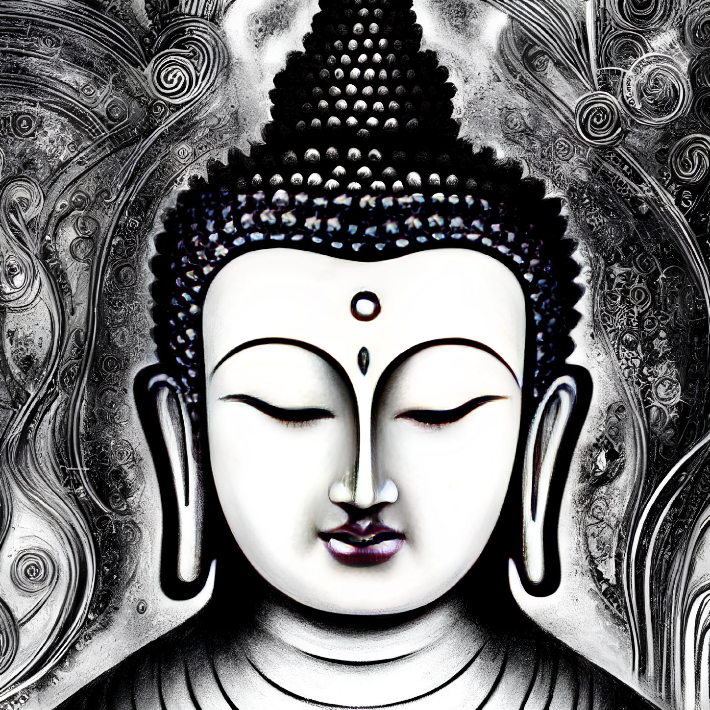 Serene Buddha face art with monochrome patterned background