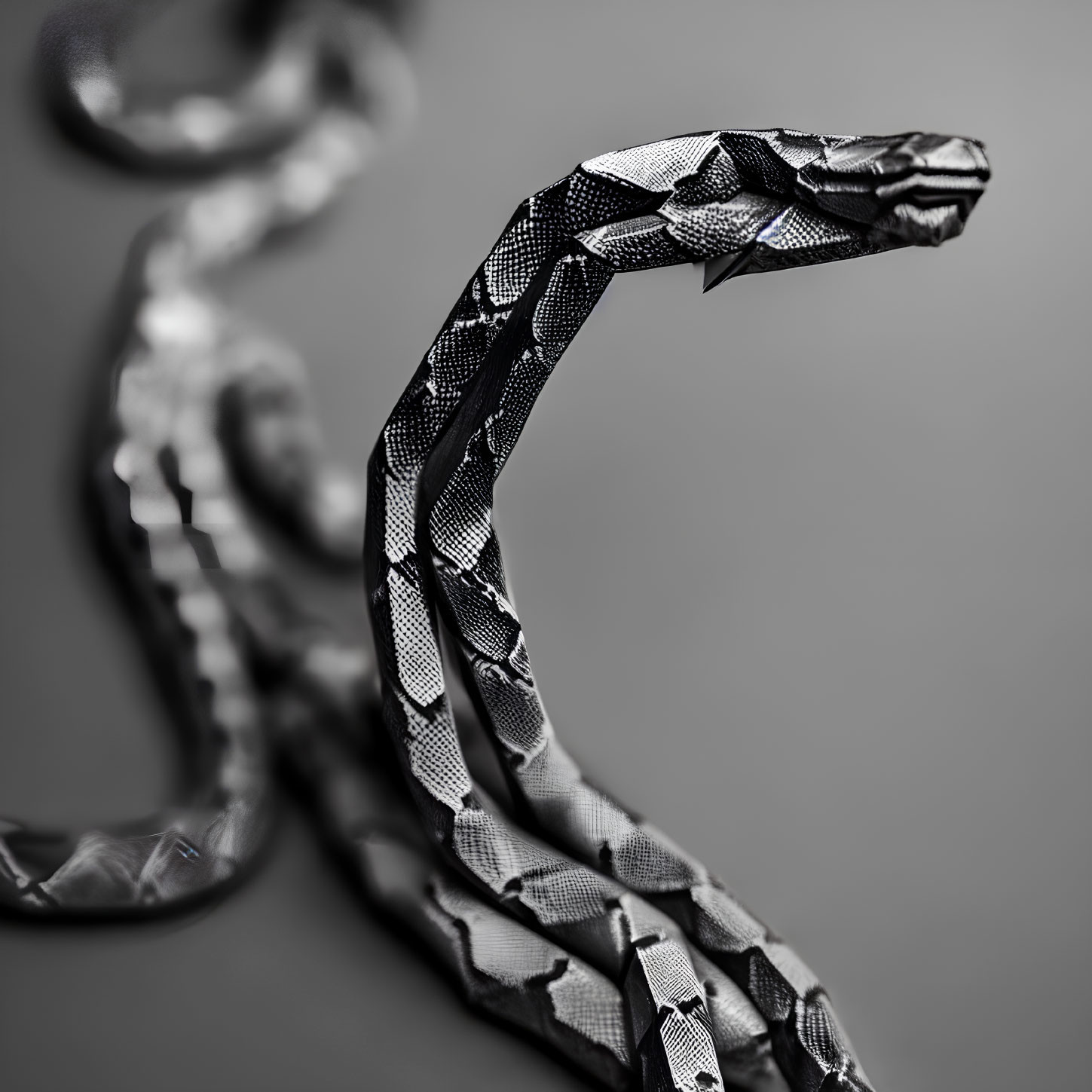 Monochrome close-up of textured snake scales and curved body