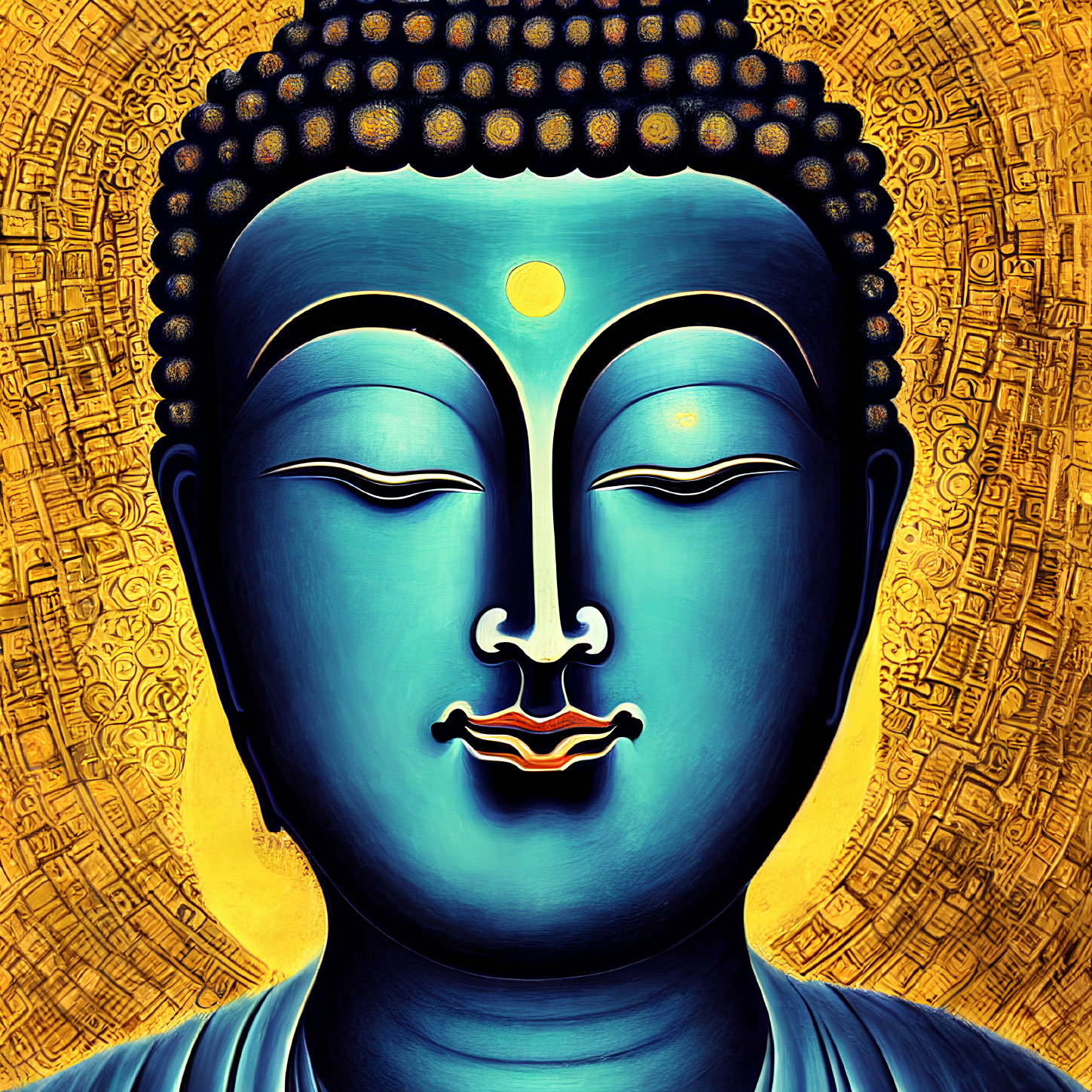 Colorful Buddha face illustration with blue skin and golden halo