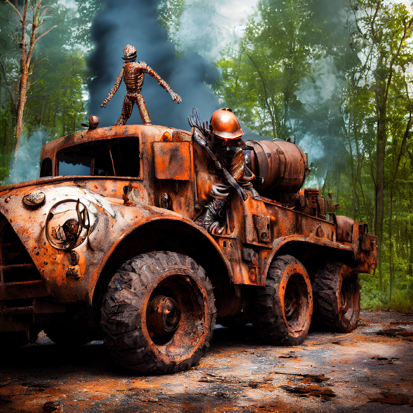 Abandoned rusty truck with large tires in forest with skeleton and mysterious figure