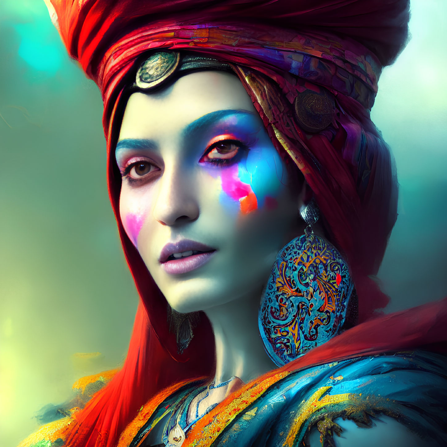 Vibrant digital portrait of a woman with blue eyes and colorful face paint