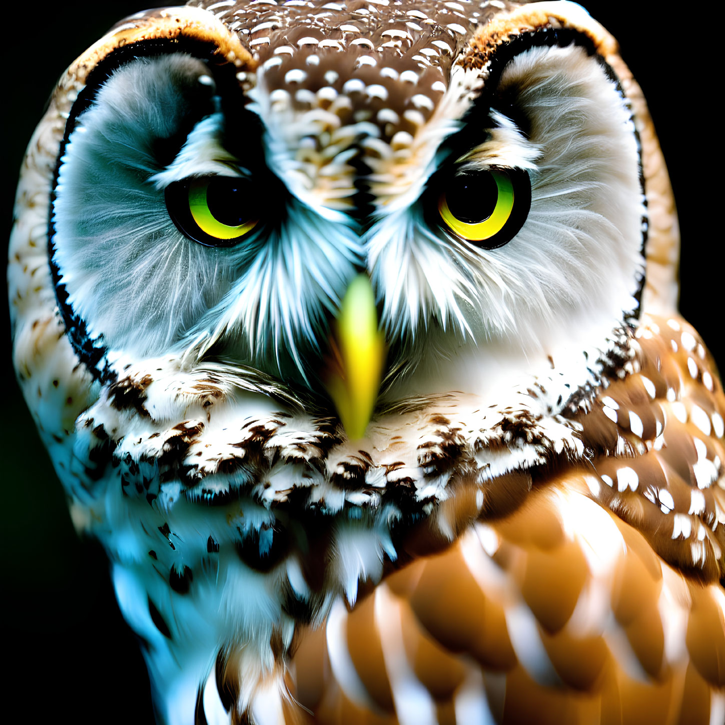 Detailed Close-Up of Owl with Yellow Eyes and Speckled Feathers