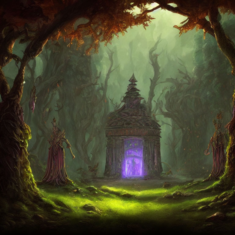 Ethereal forest scene with mystical altar and enigmatic figures