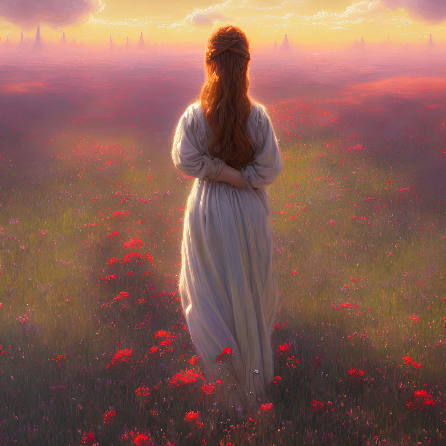 Woman with long hair in blooming field at sunset surrounded by red flowers and golden light