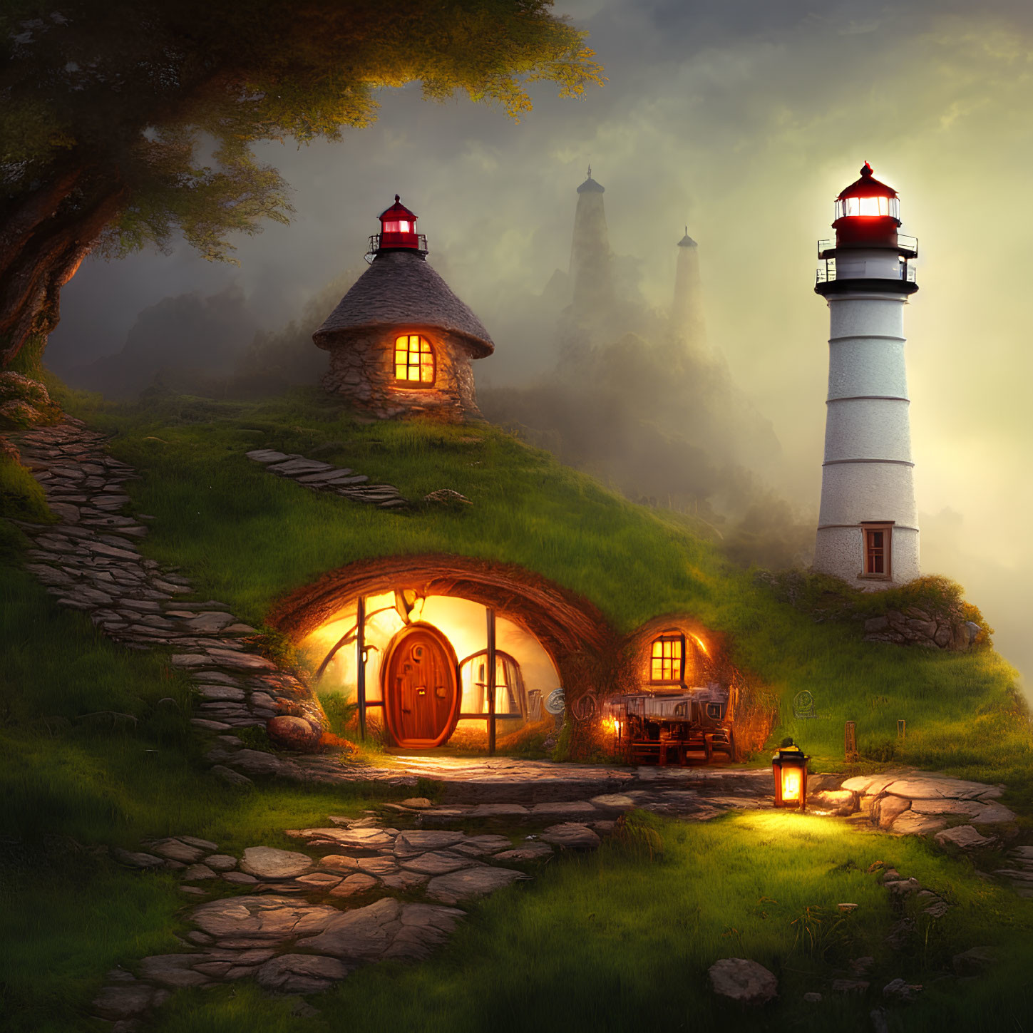 Hillside stone cottage with round door and illuminated lighthouse at dusk