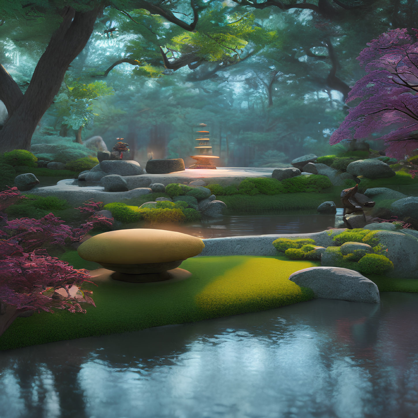 Tranquil Japanese Garden with Stone Path and Pond