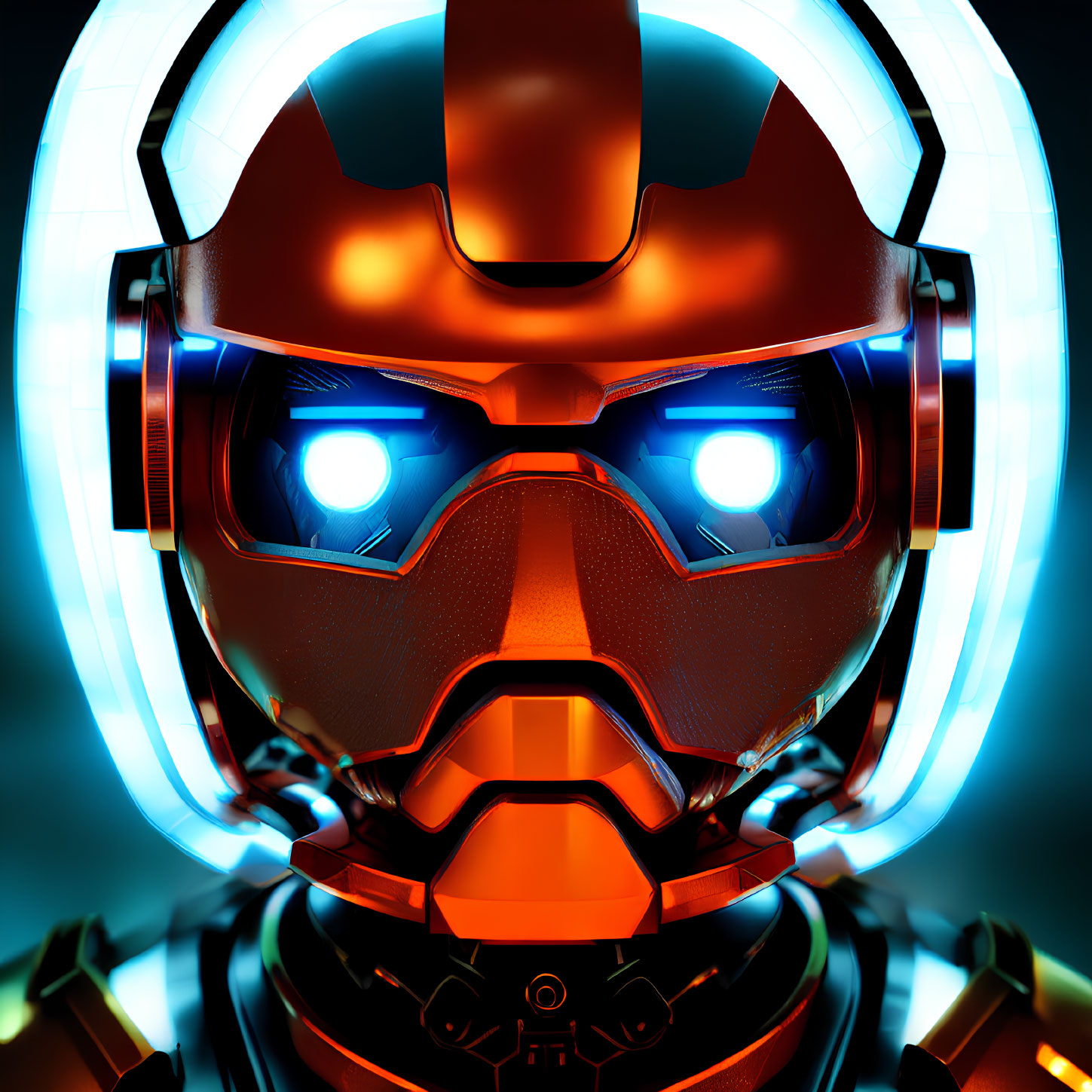 Futuristic helmet with glowing blue eyes and circular backdrop