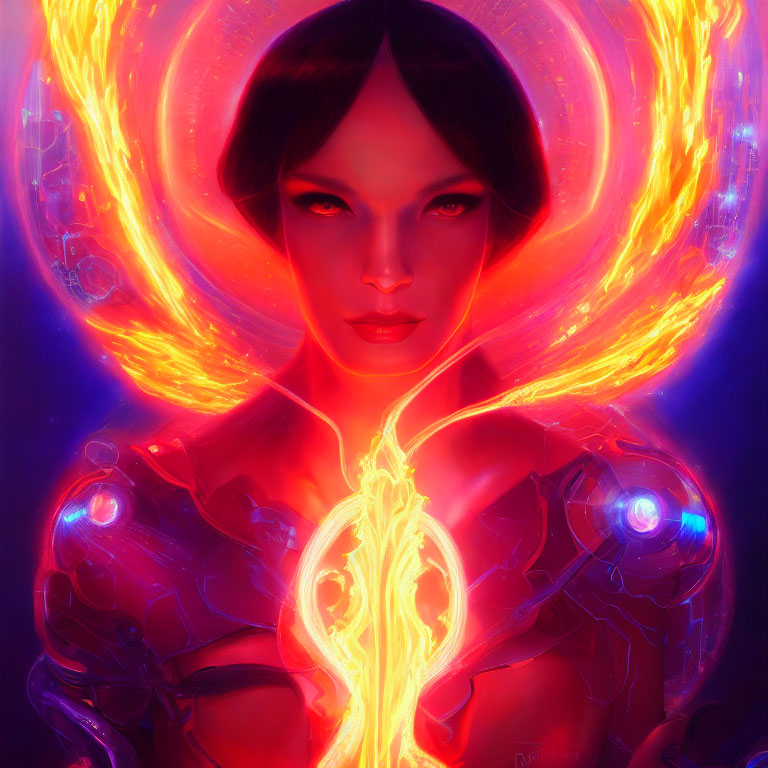 Illustration of woman with glowing red skin and fiery halo.