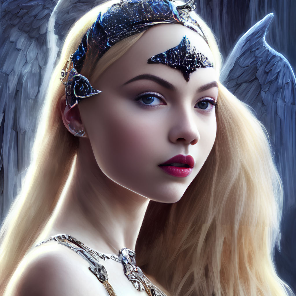 Blonde woman with blue eyes wearing metallic crown and winged headpiece